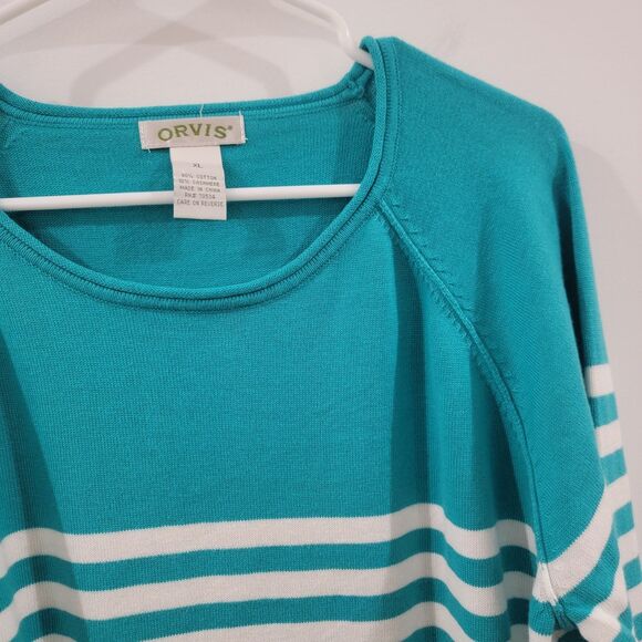 Orvis Womens Sweater Size XL Striped Cotton Cashmere Blue Classic‎ Casual - Picture 3 of 4